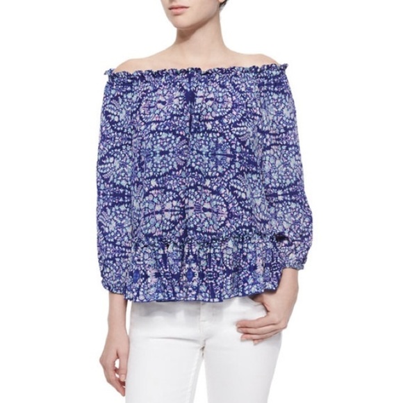Rebecca Taylor Indigo Combo Floral Paisley-Print Silk Off the Shoulder Blouse 2 - Picture 1 of 11